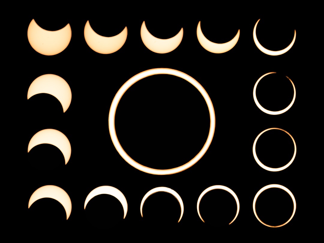 Composite sequence of an annular solar eclipse forming a ring of fire